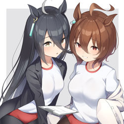 This is a pixiv picture whose title is トレーナーの心拍数上げる実験するタキオンと巻き込まれカフェ.