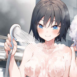 This is a pixiv picture whose title is 彼女は髪のお手入れ上手？.