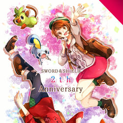 This is a pixiv picture whose title is 剣盾2周年.