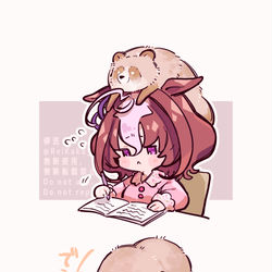 This is a pixiv picture whose title is メイショウドトウとタヌキと宿題.