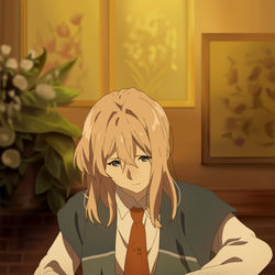 This is a pixiv picture whose title is ナイフとフォークの扱いに慣れてない頃のヴァイオレット.