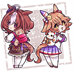 This is a pixiv picture whose title is メイショウイドトウとマチカネフクキタルとタヌキと招き猫.