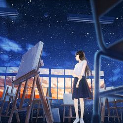 This is a pixiv picture whose title is その日、絵空事の君を描く.
