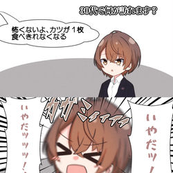 This is a pixiv picture whose title is 『(30代)怖くないよ、カツが一枚食べきれなくなる』「いやだッ！.