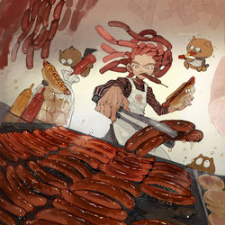 This is a pixiv picture whose title is ソーセージを無限焼き.