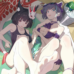 This is a pixiv picture whose title is 山城和柴郡的沙滩生足.