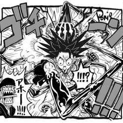 This is a pixiv picture whose title is 自分の頭にJET大蛇砲を打ち込むルフィ.