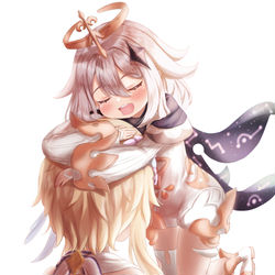 This is a pixiv picture whose title is 頭に抱き着くパイモンちゃん.