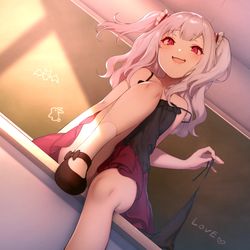 This is a pixiv picture whose title is 白髪少女と放課後の教室とノーパンと先生.