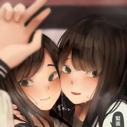 This is a pixiv picture whose title is 初ラブホ記念自撮りな百合女子たち.