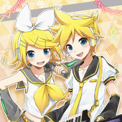 This is a pixiv picture whose title is 鏡音リン・レン 14th Anniversary!!.