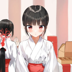 This is a pixiv picture whose title is 「なんでわざわざコッチの神社に来たのよ」.