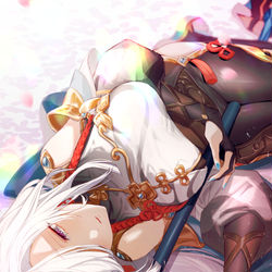 This is a pixiv picture whose title is 槍を股ではさんでいる申鶴ちゃん.