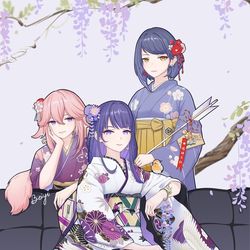 This is a pixiv picture whose title is 新年合照 inazuma trio's portrait.