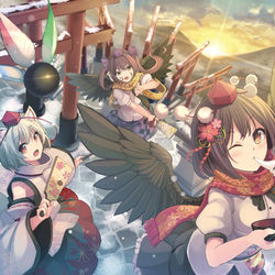 This is a pixiv picture whose title is 2022年「文々。新聞友の会カレンダー」1月イラスト.