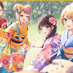 This is a pixiv picture whose title is みんなで振袖.