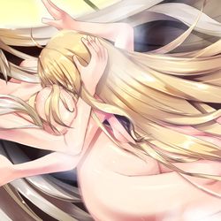 This is a pixiv picture whose title is 巨乳に突っ込んだ女神官ちゃんをホールドする剣の乙女.