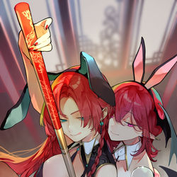 This is a pixiv picture whose title is 紅魔赤髪攻めのバニー❤️❤️.