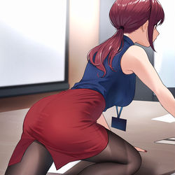 This is a pixiv picture whose title is 会議の片付け中、反対側に回るのが面倒で机に乗っちゃう先輩OLさん.
