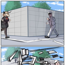 This is a pixiv picture whose title is 曲がり角で食パンくわえたローンとぶつかる指揮官.