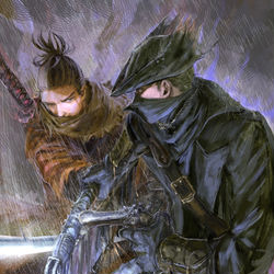 This is a pixiv picture whose title is 狩人vs狼.