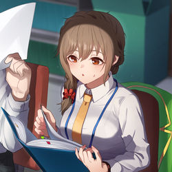 This is a pixiv picture whose title is 冗談だったのに残業を手伝ってくれて慌てるちひろさん。.