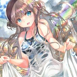 This is a pixiv picture whose title is 虹×水辺×濡れ透け白ワンピスク水さん.