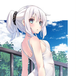 This is a pixiv picture whose title is 白髪×白スク水.