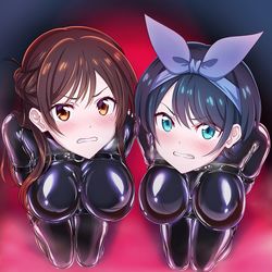This is a pixiv picture whose title is 【Skeb】拘束されたレンカノ達にフェラマスク装着！.