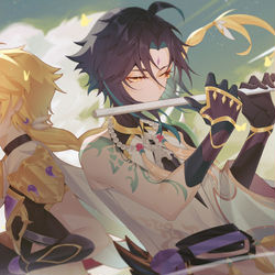 This is a pixiv picture whose title is 【魈空】合奏.