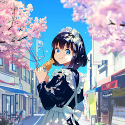 This is a pixiv picture whose title is 桜とメイドさん.
