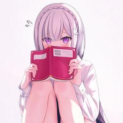 This is a pixiv picture whose title is 目が合って恥ずかしそうにして顔は隠すけど下は隠せてないエミリア.