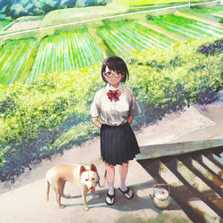 This is a pixiv picture whose title is 裏の田んぼとワンちゃんと女の子.
