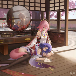 This is a pixiv picture whose title is 【原神刀向】八重x雷神梦境——“雷电将军の噩梦”.