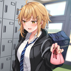 This is a pixiv picture whose title is 「はいチョコ。……いやお礼とかマジいいから……早く受け取ってよ」.