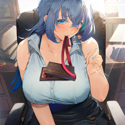 This is a pixiv picture whose title is 照れ顔をおかずにチョコをつまませてくれる新人秘書お姉さん.