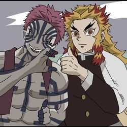 This is a pixiv picture whose title is 煉獄さんとチェキを撮る猗窩座.