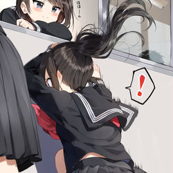This is a pixiv picture whose title is 教室にいる好きな男子と目があって咄嗟に隠れる子.