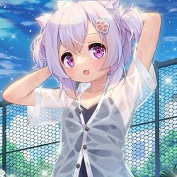 This is a pixiv picture whose title is プールで水をかけられた濡れ透けの猫娘ちゃん.