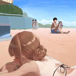 This is a pixiv picture whose title is 砂浜でうつ伏せになる女の子（2枚）.