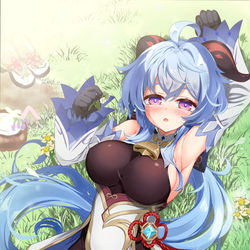 This is a pixiv picture whose title is 芝生で寝転がる甘雨.