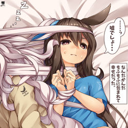 This is a pixiv picture whose title is もふもふだからという理由でハヤヒデと寝たアヤベさん.