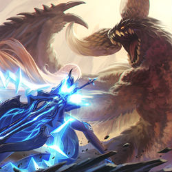 This is a pixiv picture whose title is Monster Hunter:Honkai World.