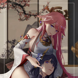 This is a pixiv picture whose title is 八重神子×雷电将军 纯爱版.