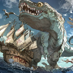 This is a pixiv picture whose title is 我らには恐竜の加護がついている.