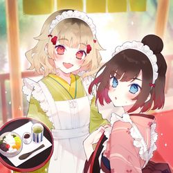 This is a pixiv picture whose title is 【お仕事】和メイドあずき洗いちゃんと倉ぼっこちゃん🍵.