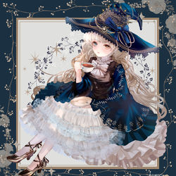 This is a pixiv picture whose title is 魔女と紅茶(全身版).
