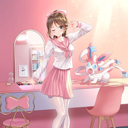 This is a pixiv picture whose title is 粉色轮滑少女与仙子伊布的合影.