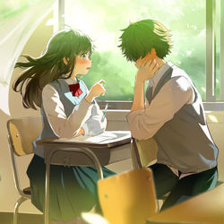 This is a pixiv picture whose title is 日直のペアが毎回同じ２人「ごめん、もう一回言って？」.