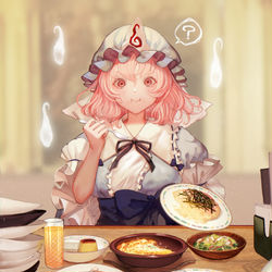 This is a pixiv picture whose title is サイゼで食べすぎる幽々子.